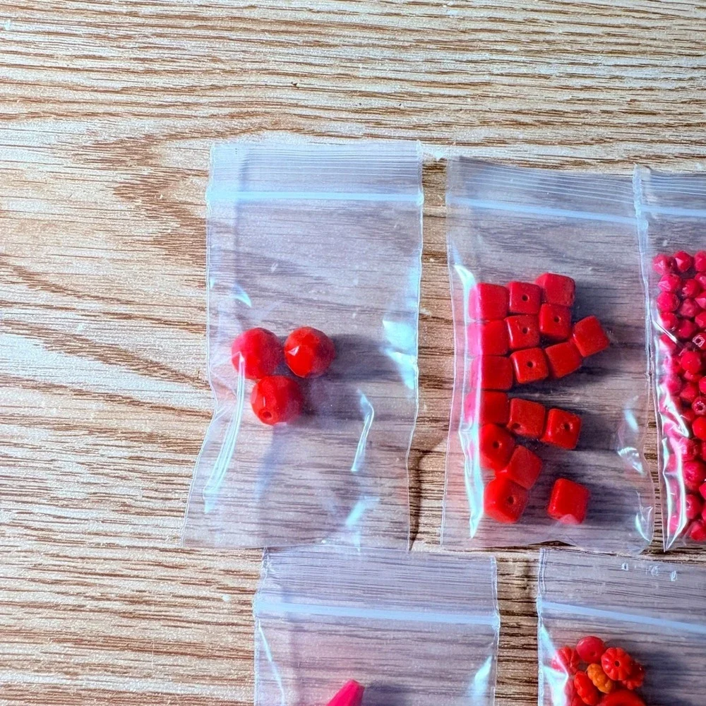 Lot of 5 Red Plastic Beads Various Shapes Sizes Faceted Square Floral Crafts